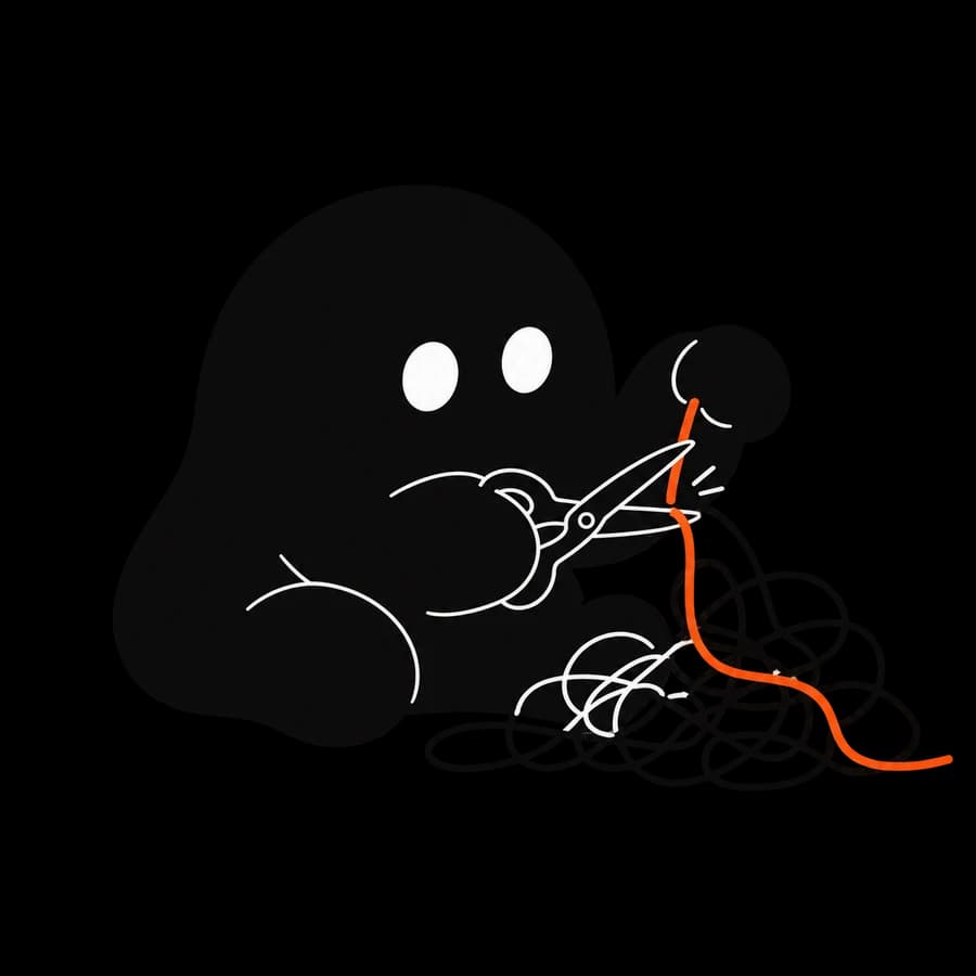 The mascot snipping one thread out of a tangle